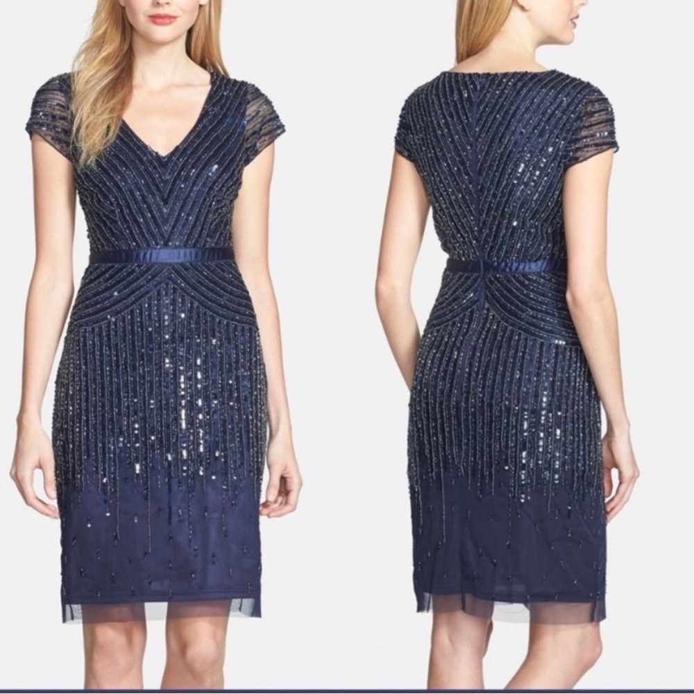 NAVY BLUE Adrianna Papell cap sleeve beaded cocktail dress